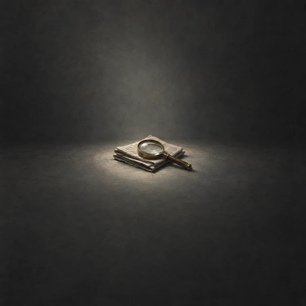 A magnifying glass lies across folded papers on a dark gray surface.