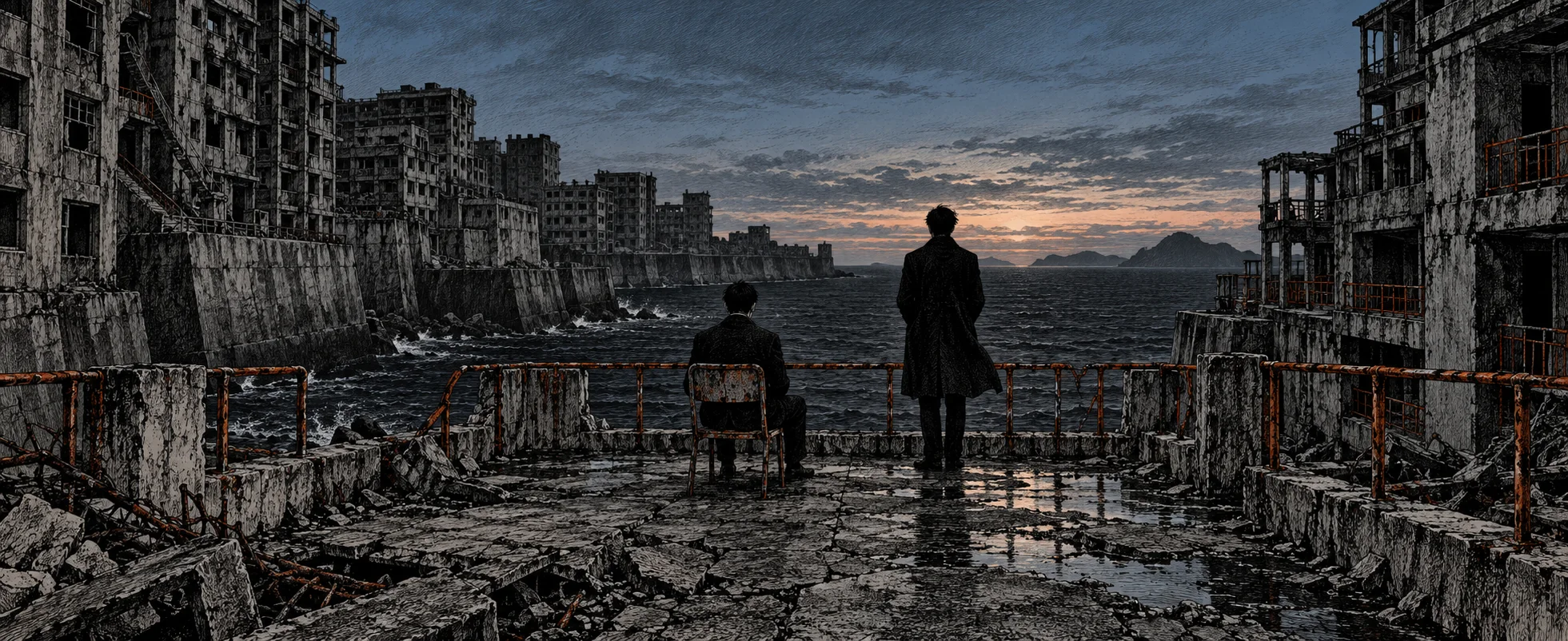 On a cracked concrete terrace of a ruined island city at dusk, a man sits in a lone chair facing the sea while another stands at the edge in silhouette.