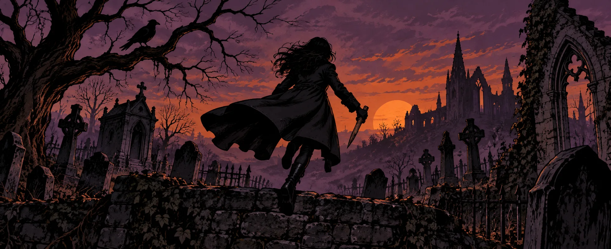 A young woman in a long coat runs along a cemetery wall at dusk, a stake in her hand, gothic headstones and a crow-topped tree around her.