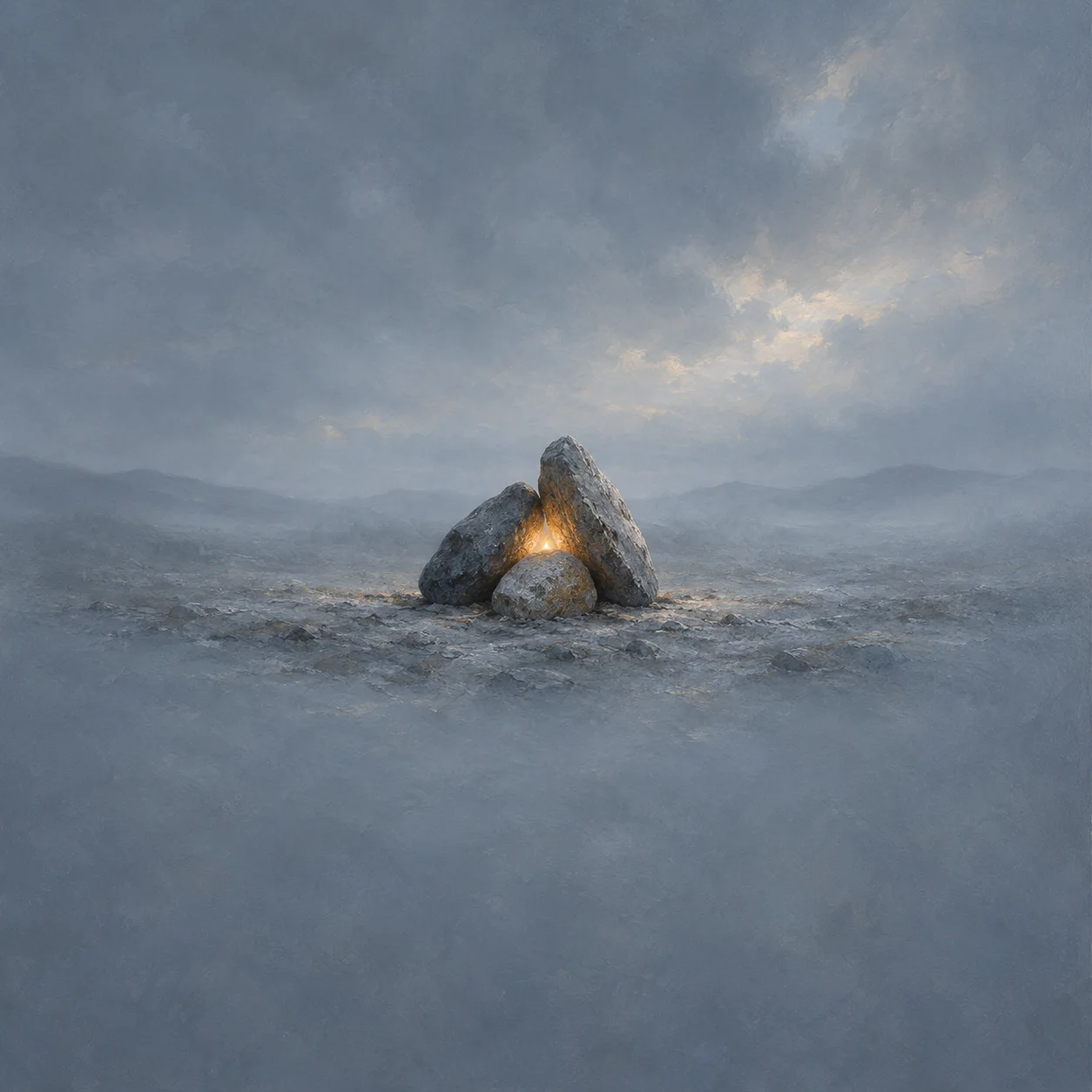 Three small rough stones pressed together with a warm spark of light between them, on a blue-grey background.