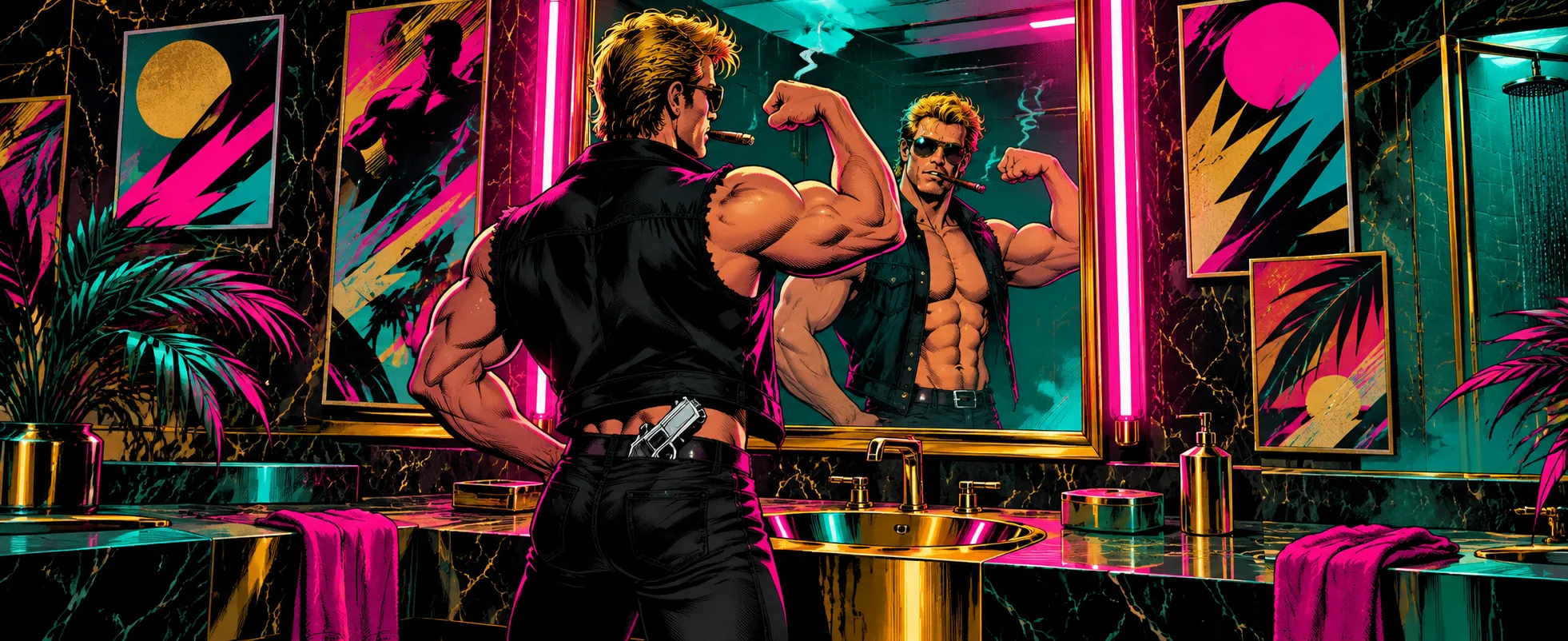 A muscle-bound action hero with a cigar flexes at his reflection in a neon-lit bathroom mirror.
