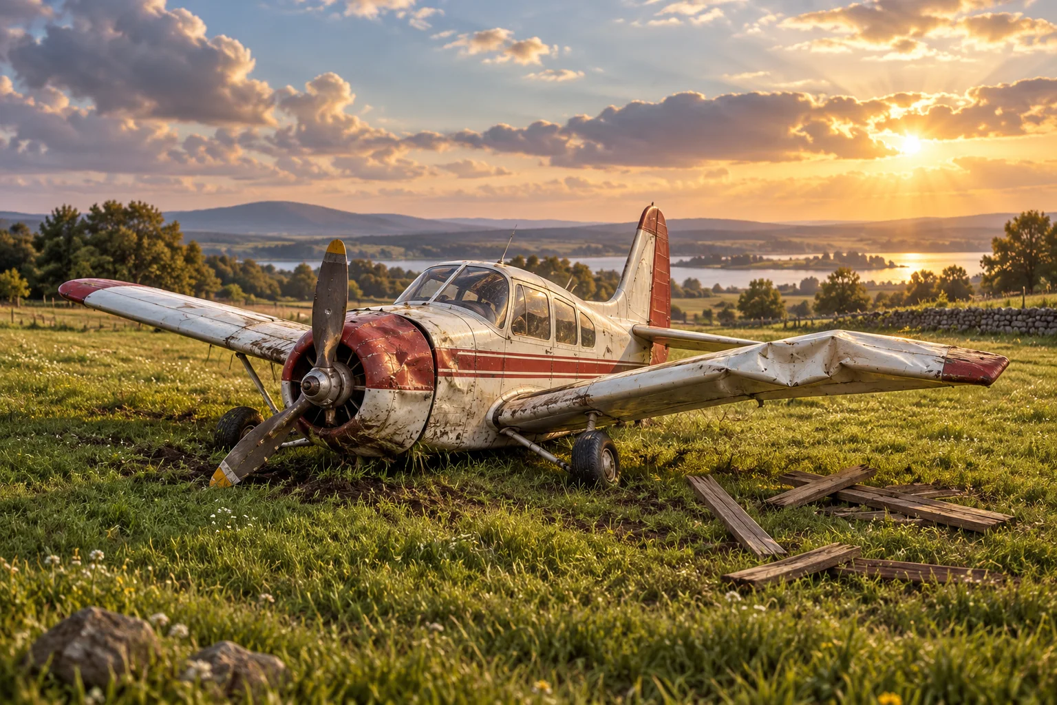 A dented cream and red propeller aircraft with a bent wing rests in a green field under evening sunlight.