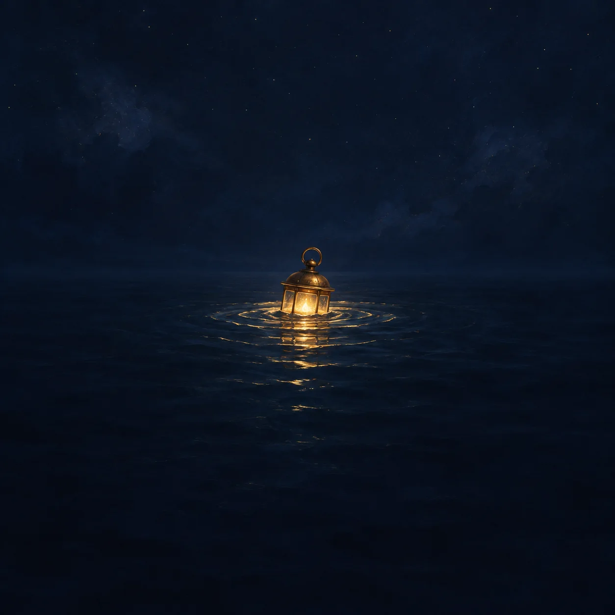 A glowing brass lantern sits partly submerged in dark water, casting golden reflections across the ripples.