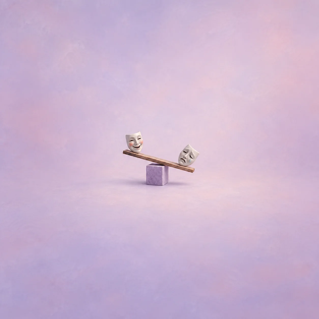 Smiling and sorrowful white theatre masks at opposite ends of a tilted plank balanced on a lilac cube.