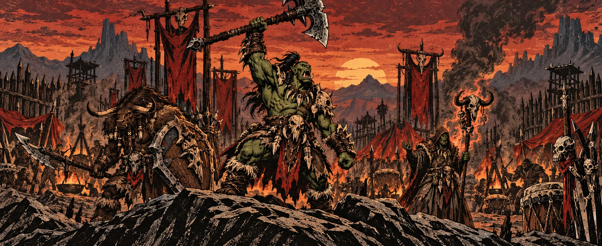 A green-skinned orc warrior raises a great axe with a battle cry in a war camp at dusk, a tauren and a robed shaman beside him beneath red war banners and smoke, in woodcut style.