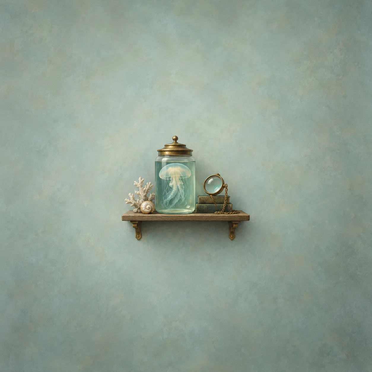 A jellyfish floats in a lidded glass jar on a shelf beside a small magnifying lens, shells and coral.