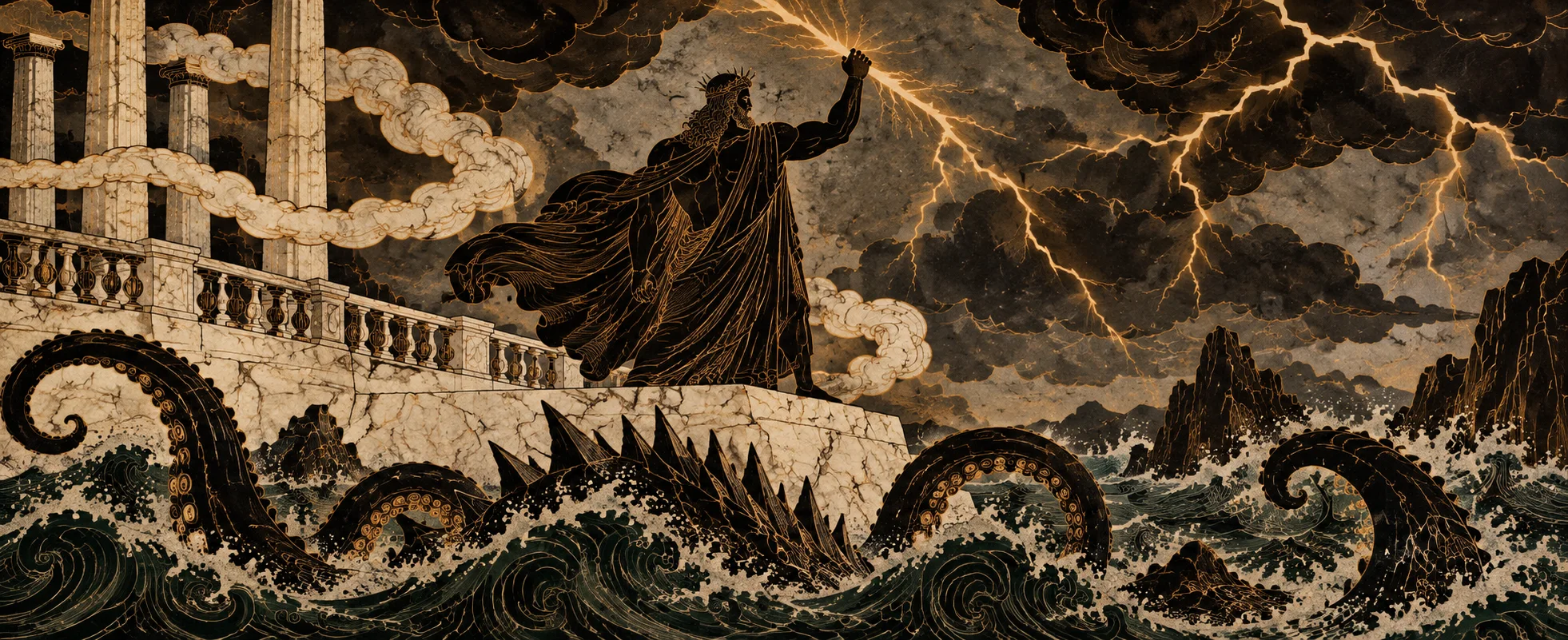 A robed, bearded god on a marble terrace raises a thunderbolt over a stormy sea as a giant monster's tentacles break the waves below.