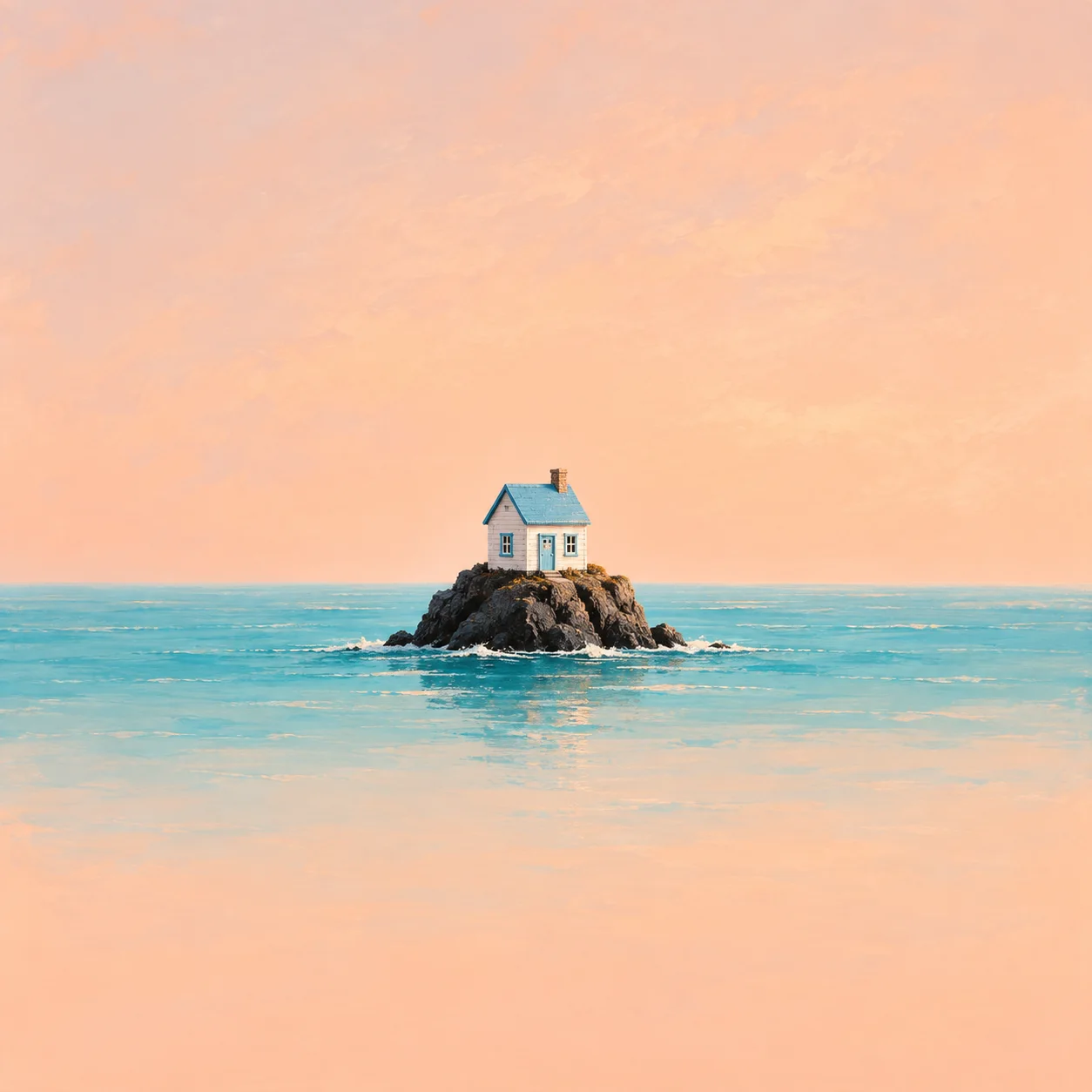 A small white and blue toy house on a dark rock in front of a painted turquoise sea and peach sky.