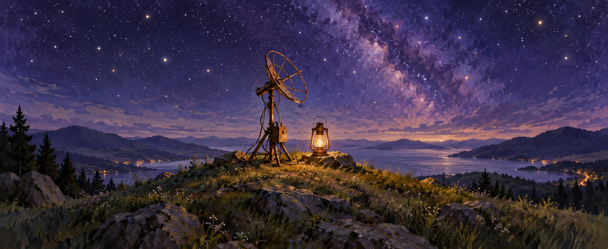 A small homemade copper aerial stands beside a glowing lantern on a hill beneath a violet starry sky.