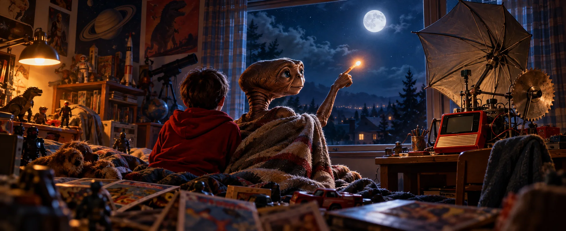 A small brown long-necked alien wrapped in a blanket points a glowing fingertip at the night sky from a boy's bedroom, a homemade communicator on the desk.