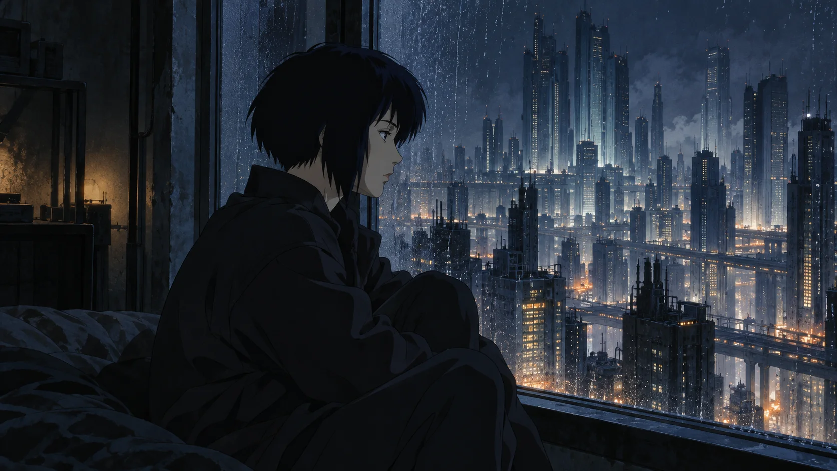 Anime illustration: a short-haired woman in a dark, oversized coat sits curled up on a bed, gazing through a rain-streaked window at a vast, glittering night-time cityscape of skyscrapers and elevated highways.