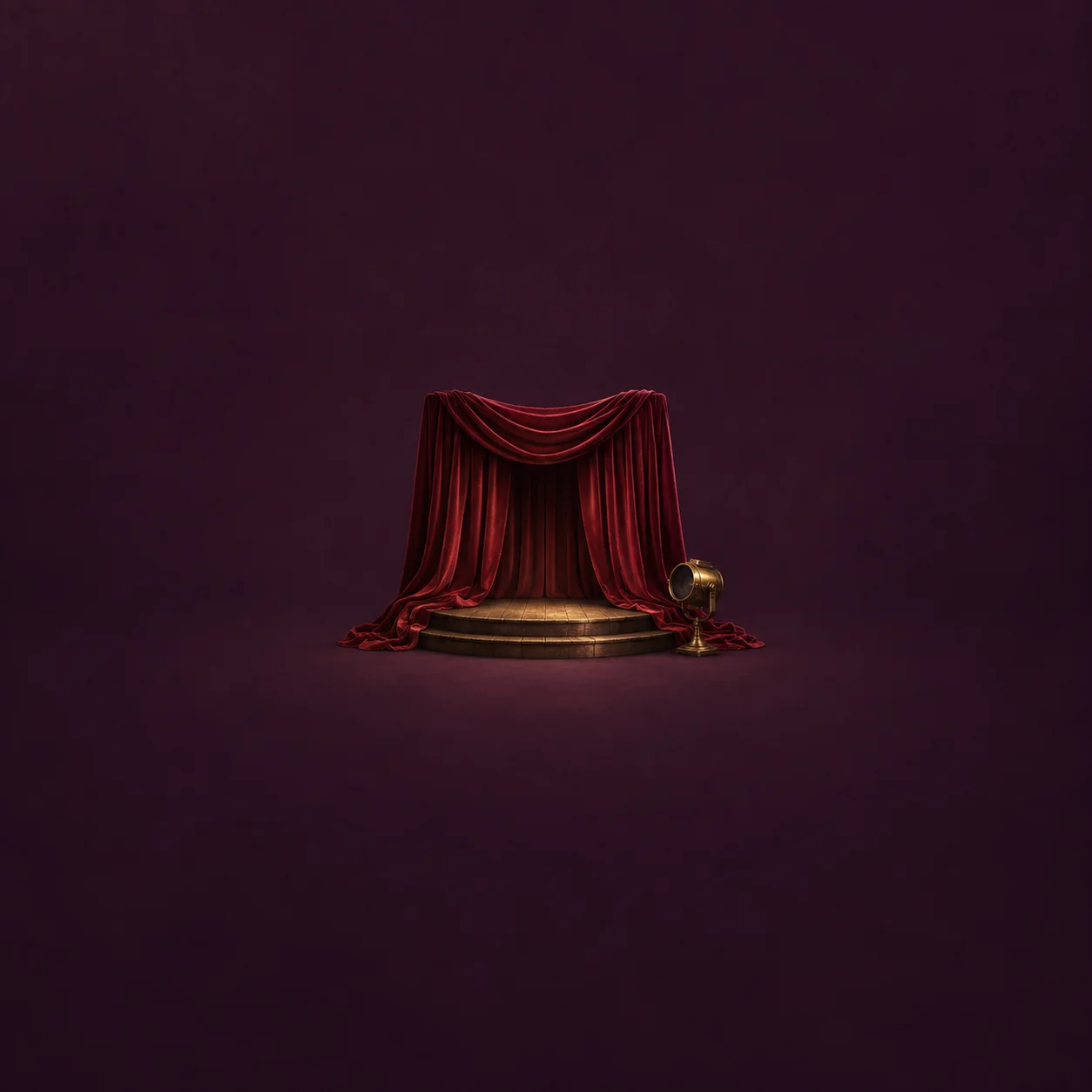 Deep red curtains frame a small circular stage beside a brass theatrical prop against plum.