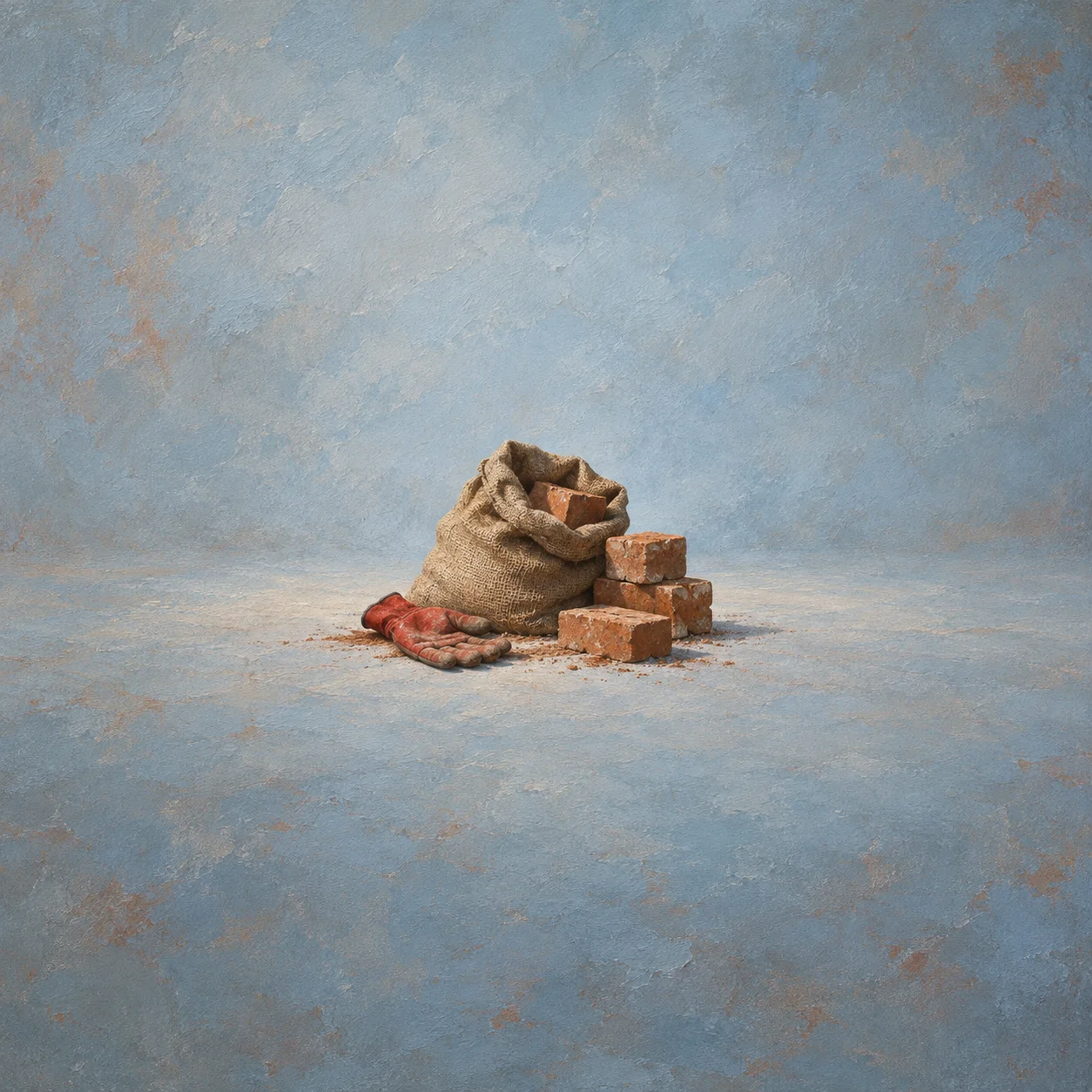 An open burlap sack and loose terracotta bricks sit beside a red work glove.