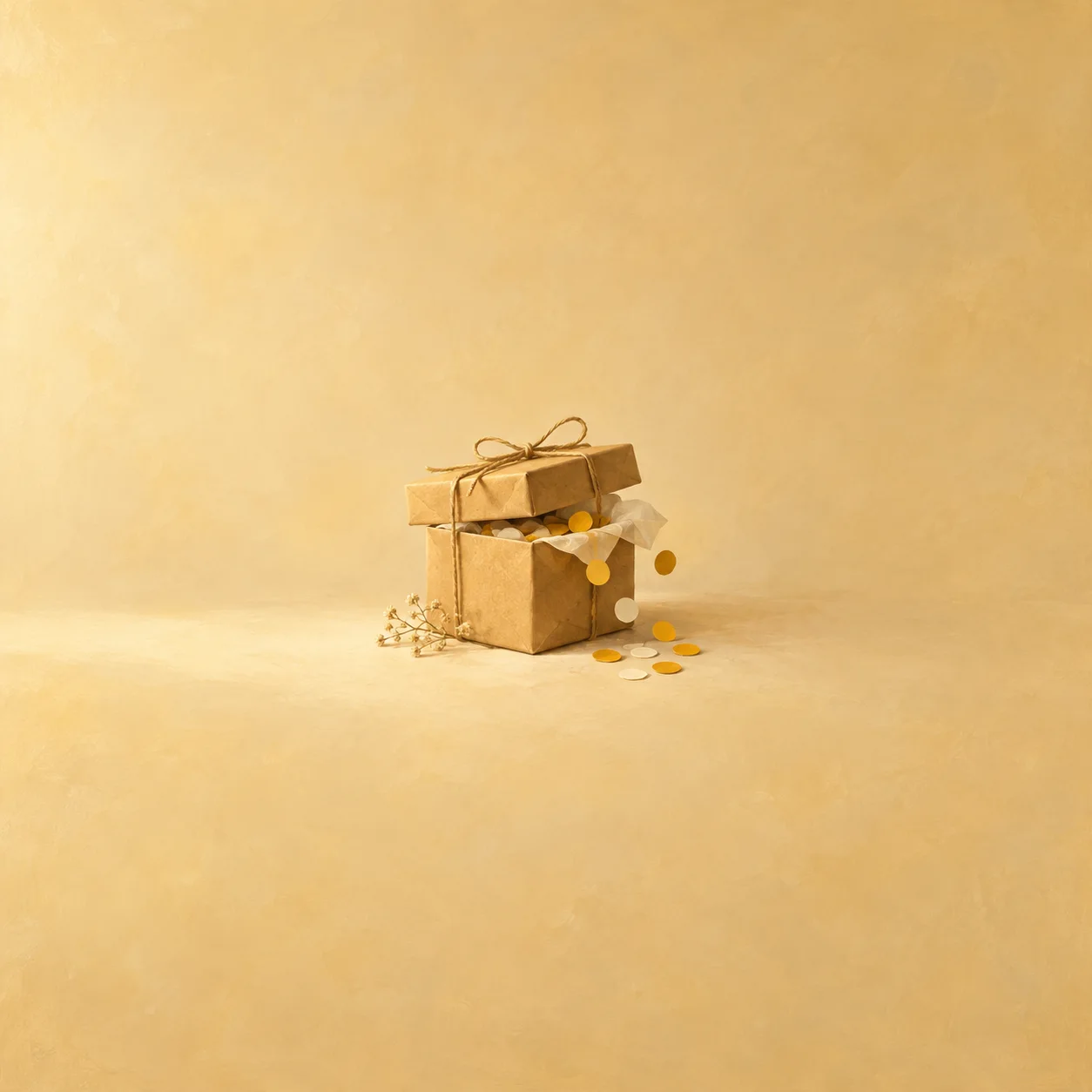 A partly opened brown paper gift box tied with string spills small golden confetti discs on warm yellow ground.