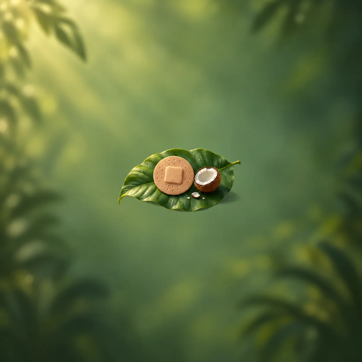 A round adhesive bandage and a halved coconut rest on a broad green leaf against a softly lit leafy background.
