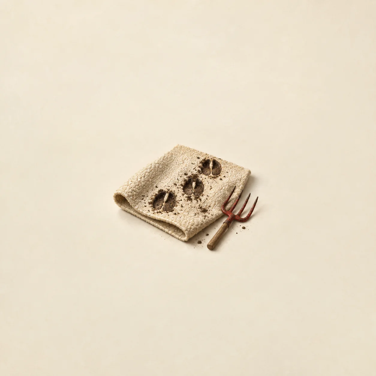 Painterly muddy hoofprints on a folded cream rug beside a small red pitchfork.