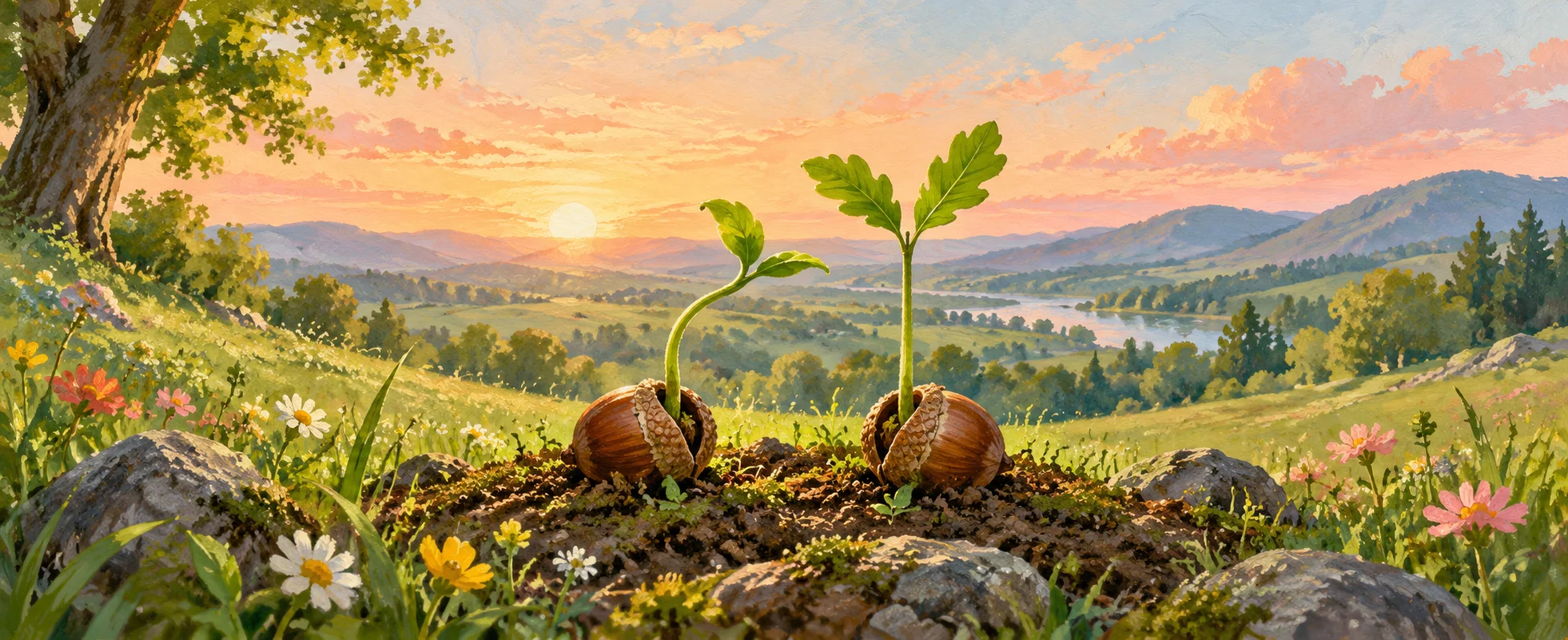 Two seedlings grow in different shapes from matching acorns in a sunny meadow overlooking distant hills.
