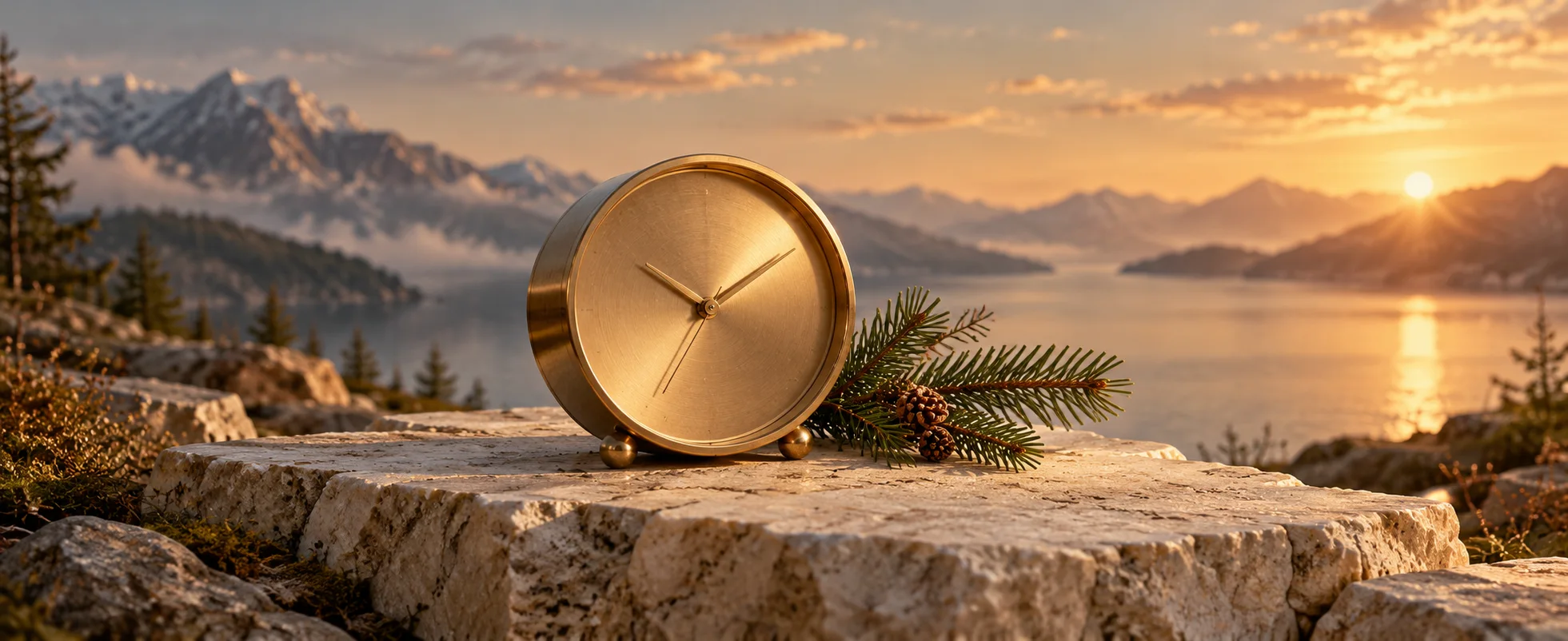 A plain brass clock with an unmarked face rests beside a small evergreen sprig on cream stone.