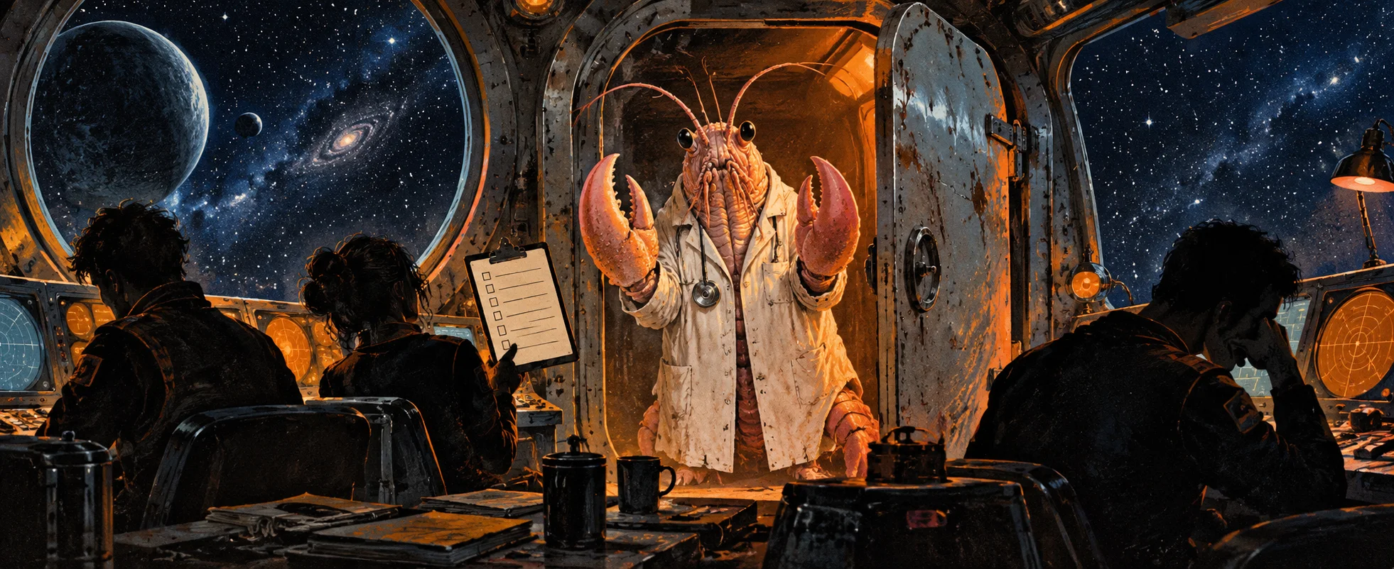 Retro sci-fi painting of a lobster-like alien doctor in a white coat standing hopefully in a spaceship hatchway while the crew, in silhouette at their consoles, turn away from him.