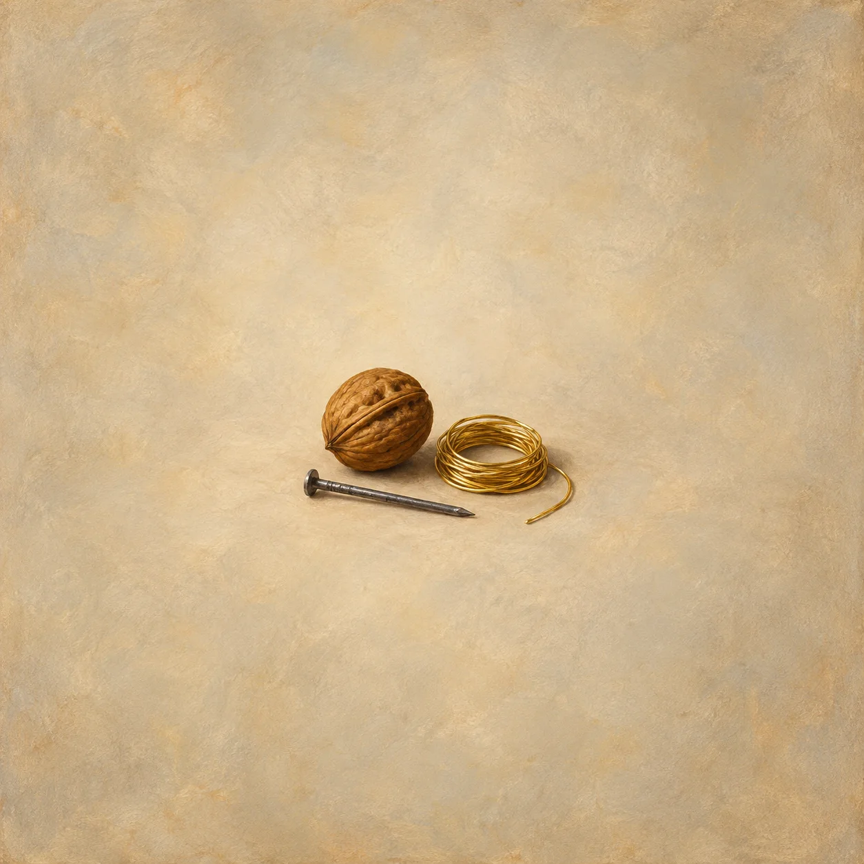 Straight iron nail beside coiled golden wire, with an added walnut. Still compact and centered