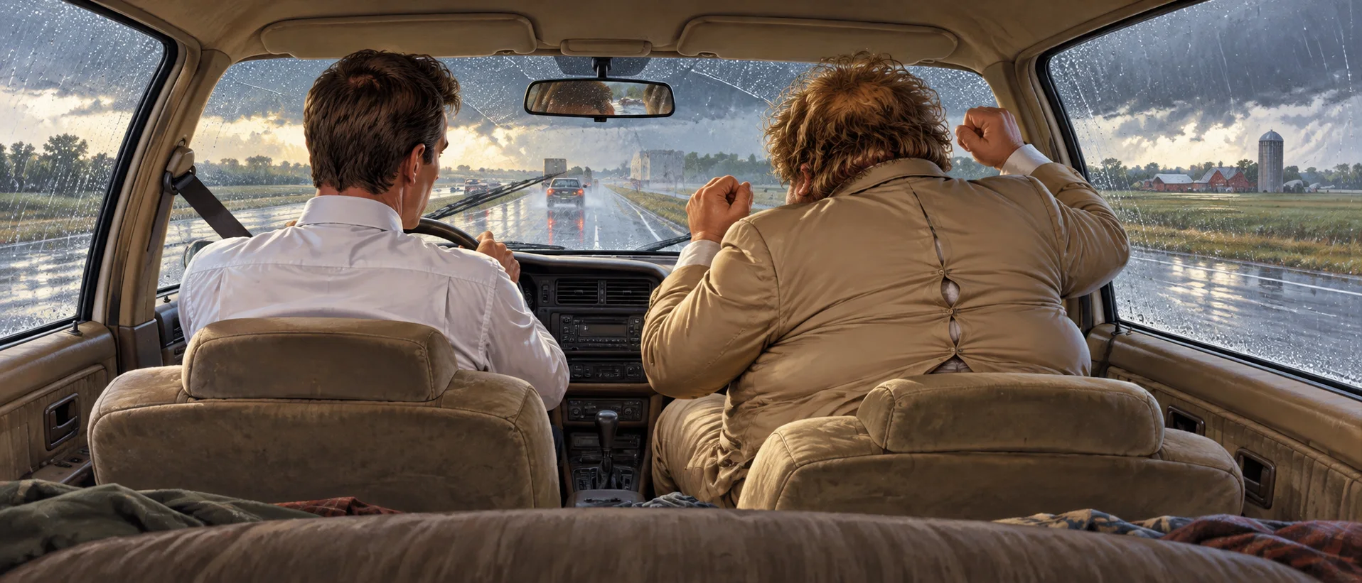 Seen from the back seat, a big man squeezed into a small tan jacket dances in the passenger seat beside a slim driver on a rainy highway.