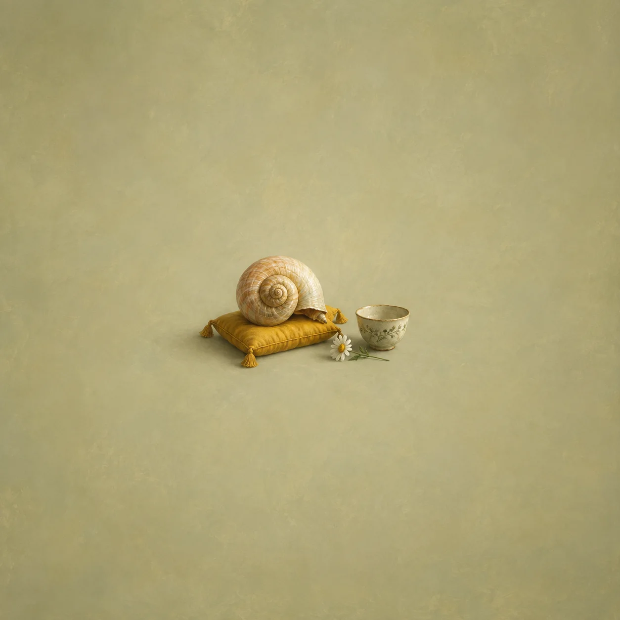 A spiral shell on a saffron cushion beside a patterned teacup and a small daisy against a sage background.