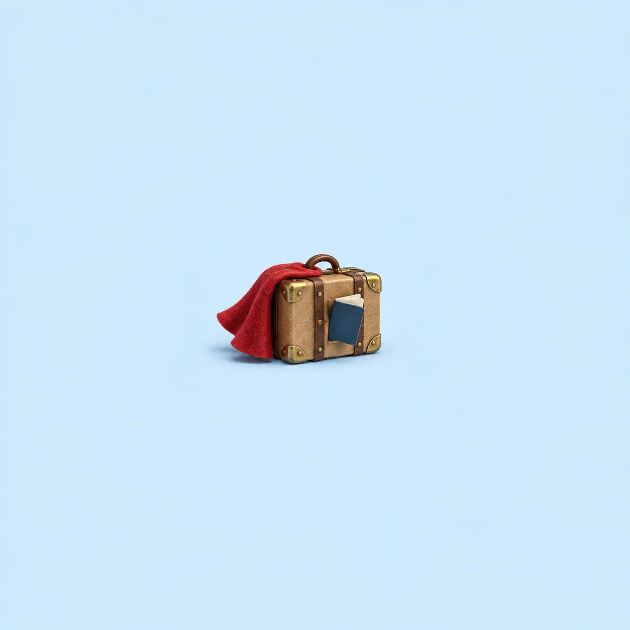 A red cape draped over a small suitcase with brass corners and a blue booklet tucked against its front.