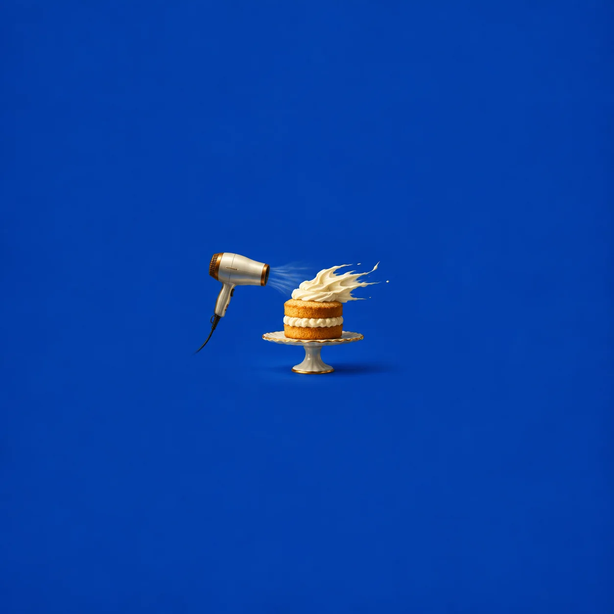 A hair dryer blows the cream topping sideways from a small golden cake on a stand against cobalt blue.