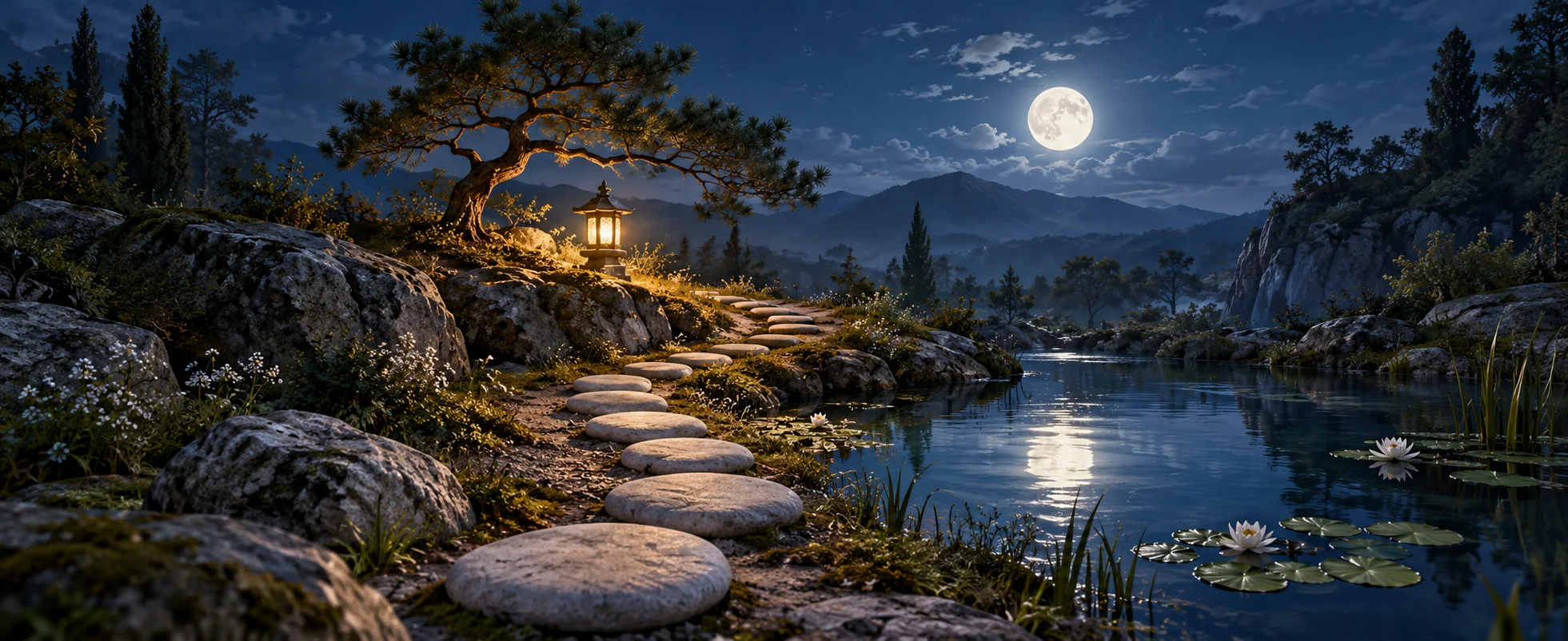 A row of smooth pale stones follows a winding path beside a moonlit pool.