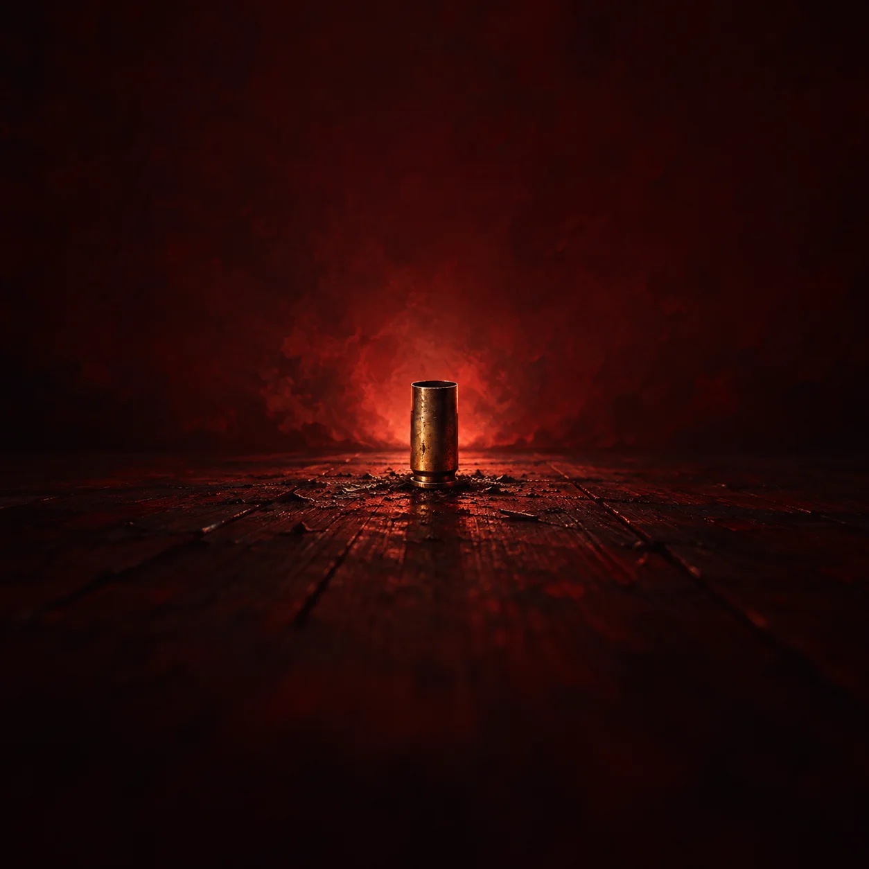 A brass bullet casing stands upright on scorched wood against a deep red glow.