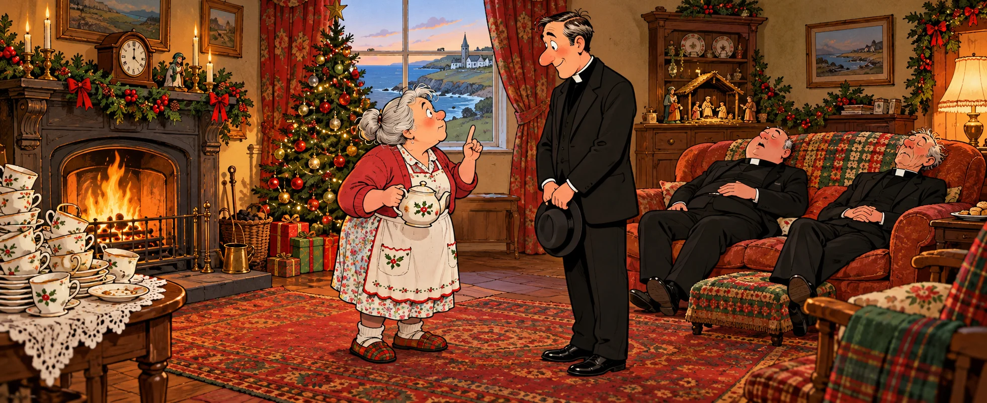 In the Christmas-decorated sitting room, Mrs Doyle with her teapot peers up at a patient visiting priest, one finger raised mid-guess, while Ted and Dougal lie asleep on the sofa beside a pile of teacups.