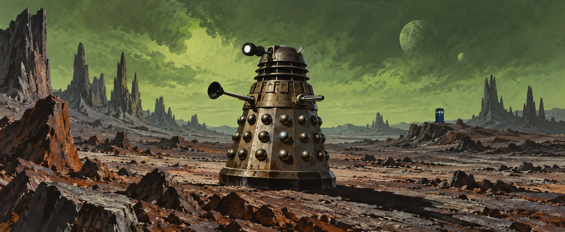 A bronze Dalek with an eyestalk and plunger arm advances across a rocky alien wasteland under a green sky, a blue police box tiny on the horizon.