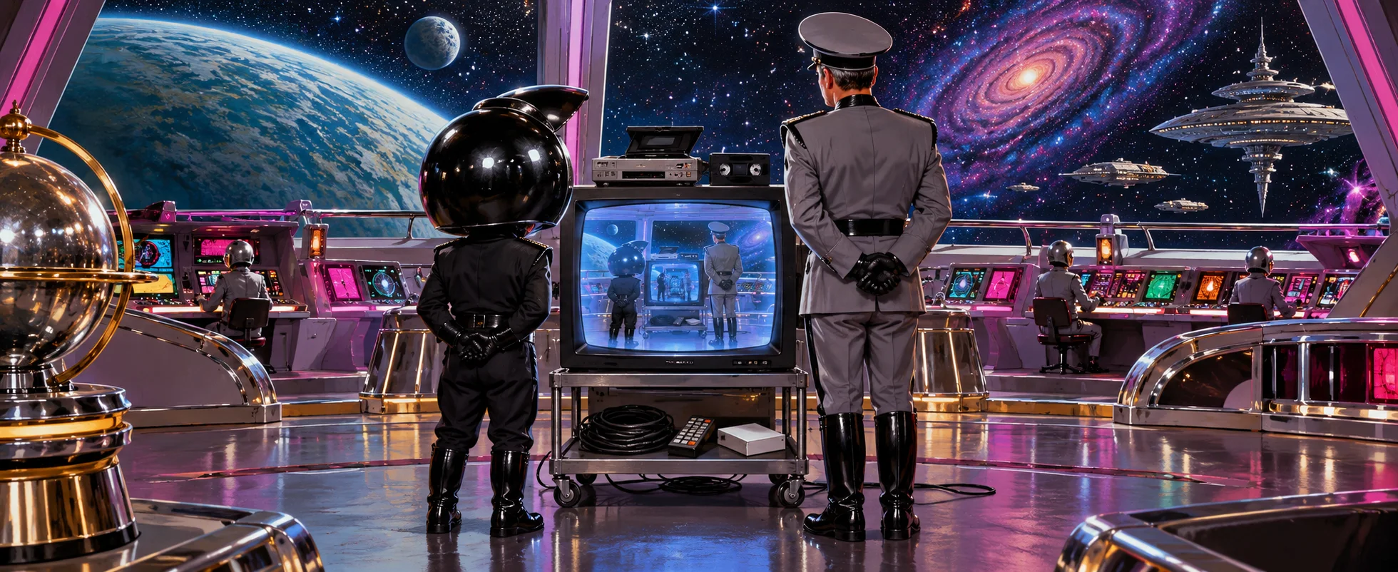 A tiny officer in a huge round black helmet and a tall colonel watch a 1980s TV on a cart that shows them watching the same TV.