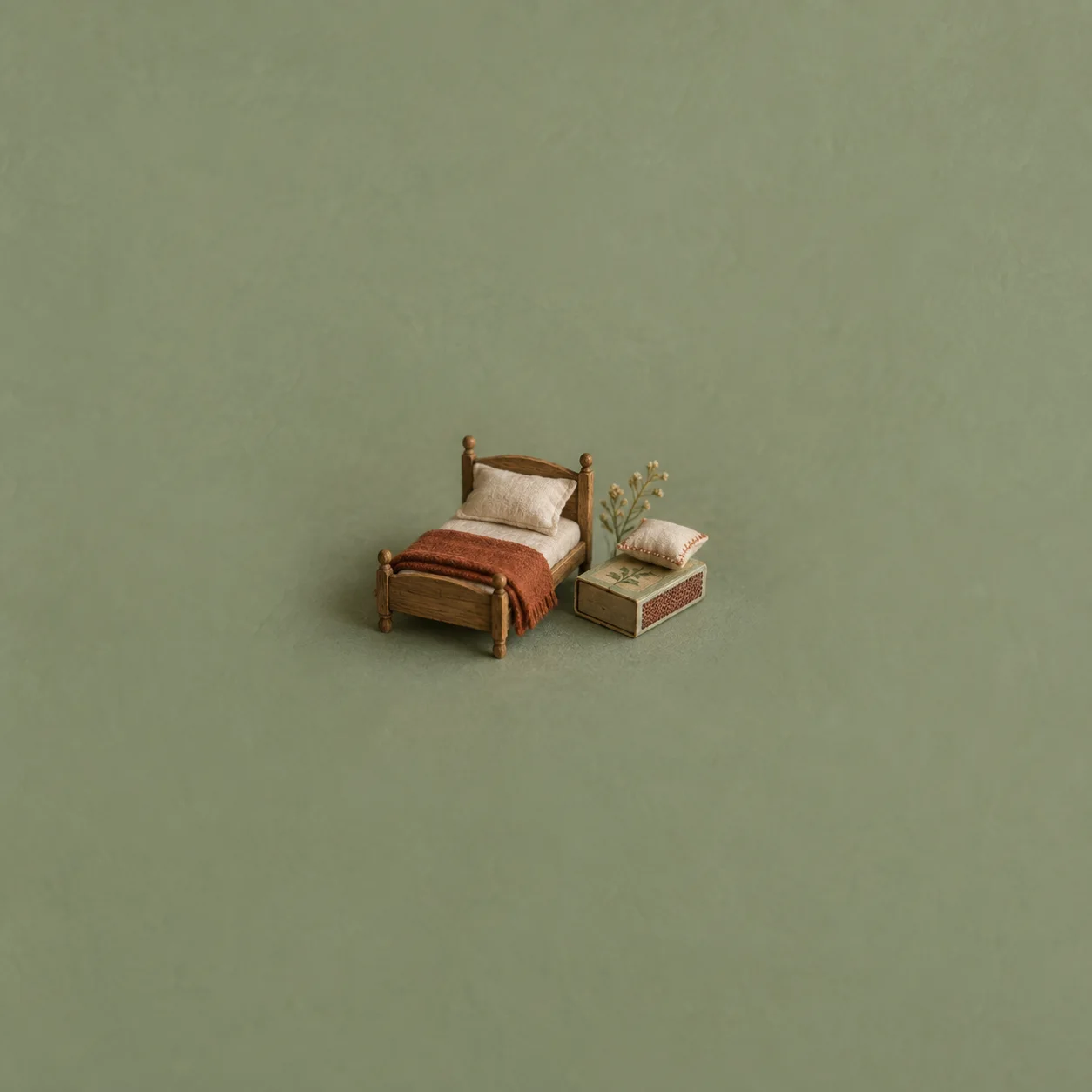 A miniature wooden bed with a pillow and rust-colored blanket, beside a small box holding a second pillow.
