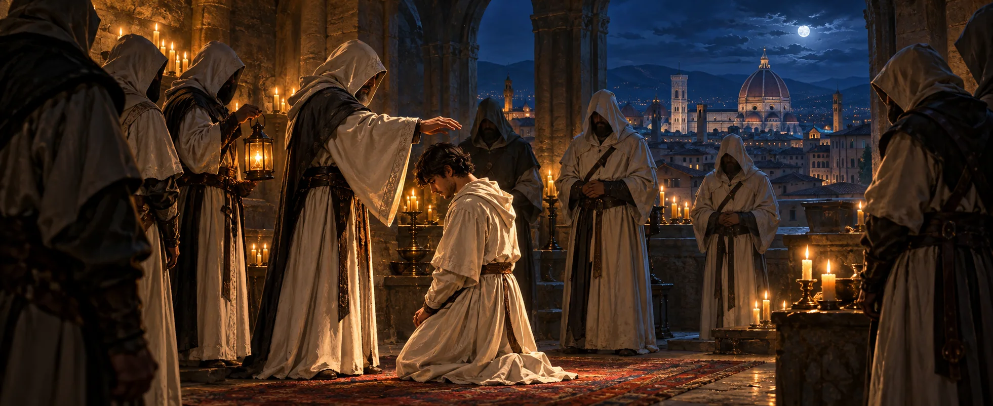 Hooded figures in white robes surround a kneeling initiate by candlelight above Renaissance Florence.