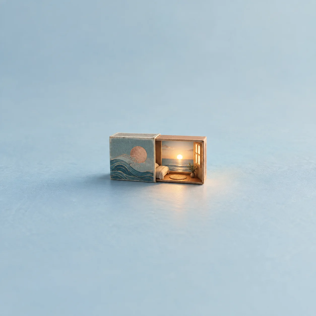 An open miniature box room glows with a low sun and waves, its outer wall painted with a moon over water.