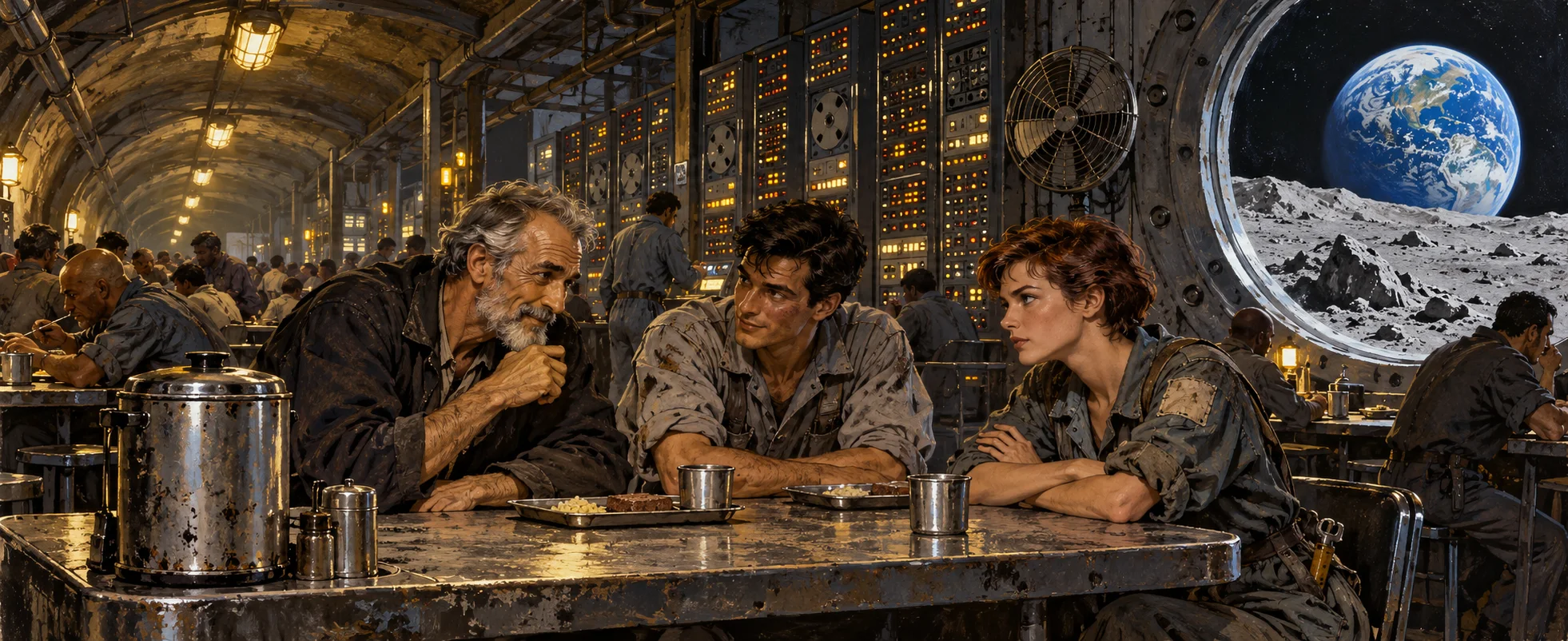 A grey-bearded professor leans in to talk with a young man and a young woman at a steel table in a crowded lunar canteen, Earth visible through a porthole.