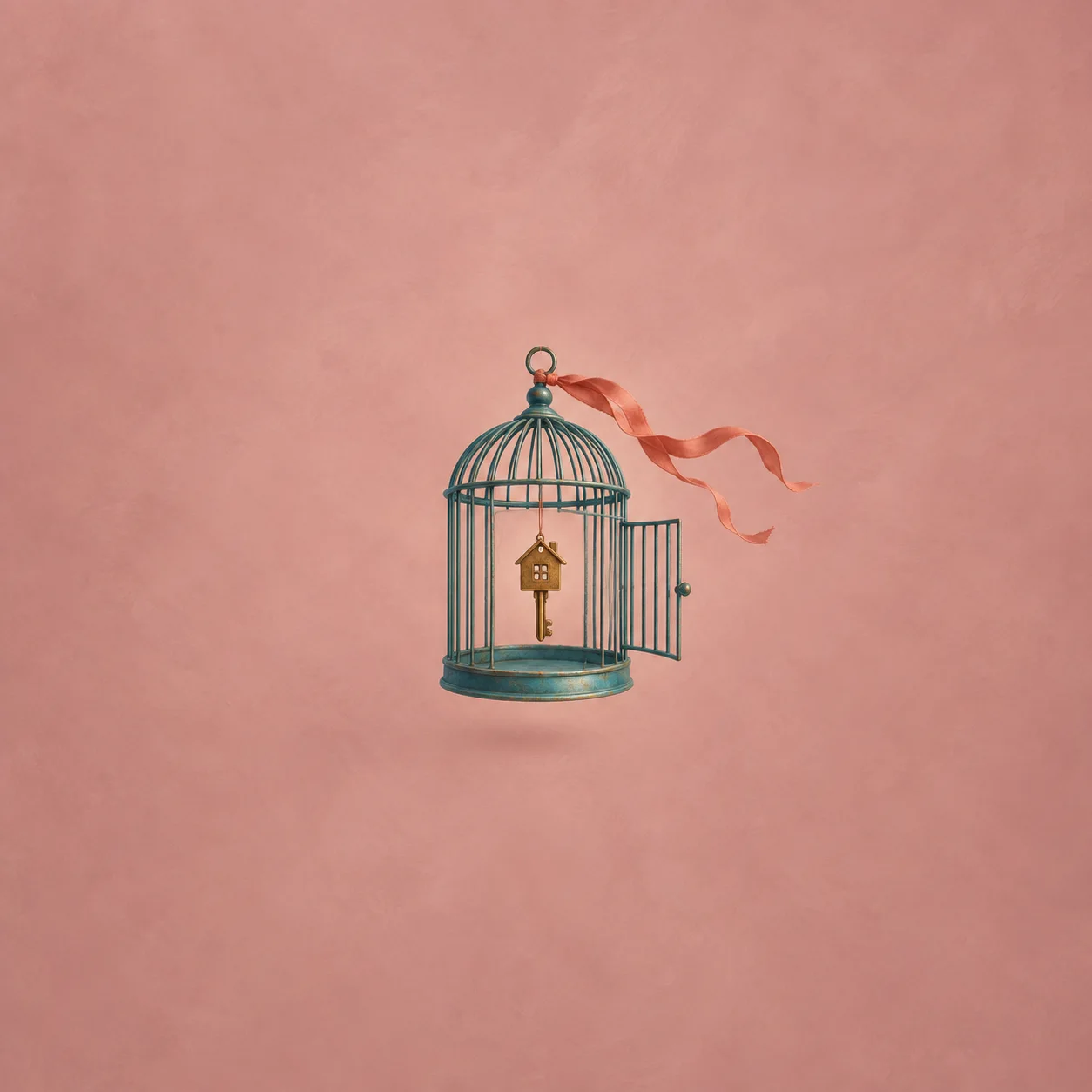 A small brass house-shaped key hanging inside an open teal birdcage, with a coral ribbon trailing against a dusty-rose background.