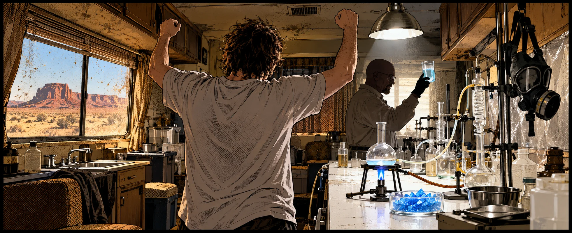 A shaggy-haired young man punches the air in a cramped RV lab as an older man in glasses holds a flask of blue crystal up to the light.