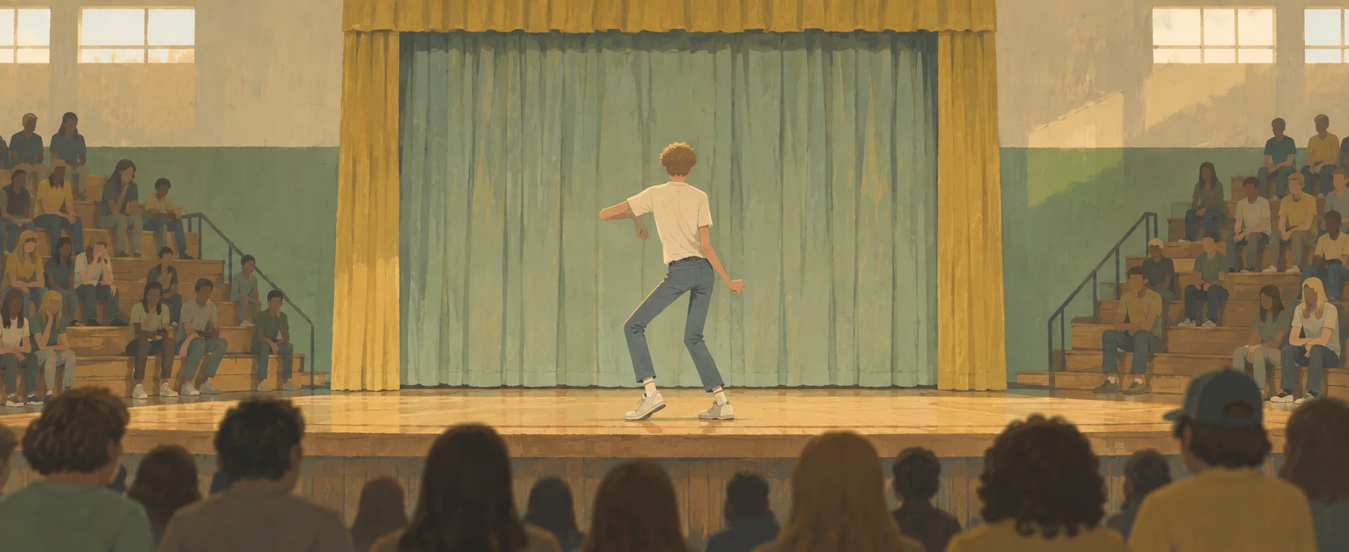 A gangly teenager dances alone on a school gym stage before rows of watching students.