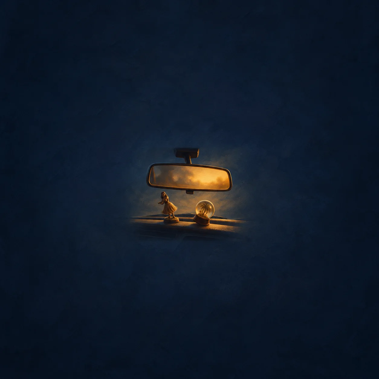 A rearview mirror reflects warm golden light above two small dashboard ornaments against a dark blue background.