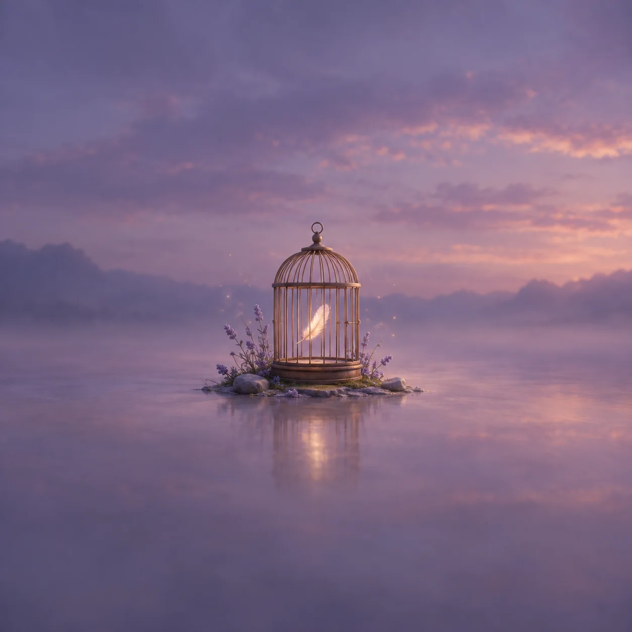 A glowing feather hangs inside a golden birdcage surrounded by small flowers against reflective lavender twilight.