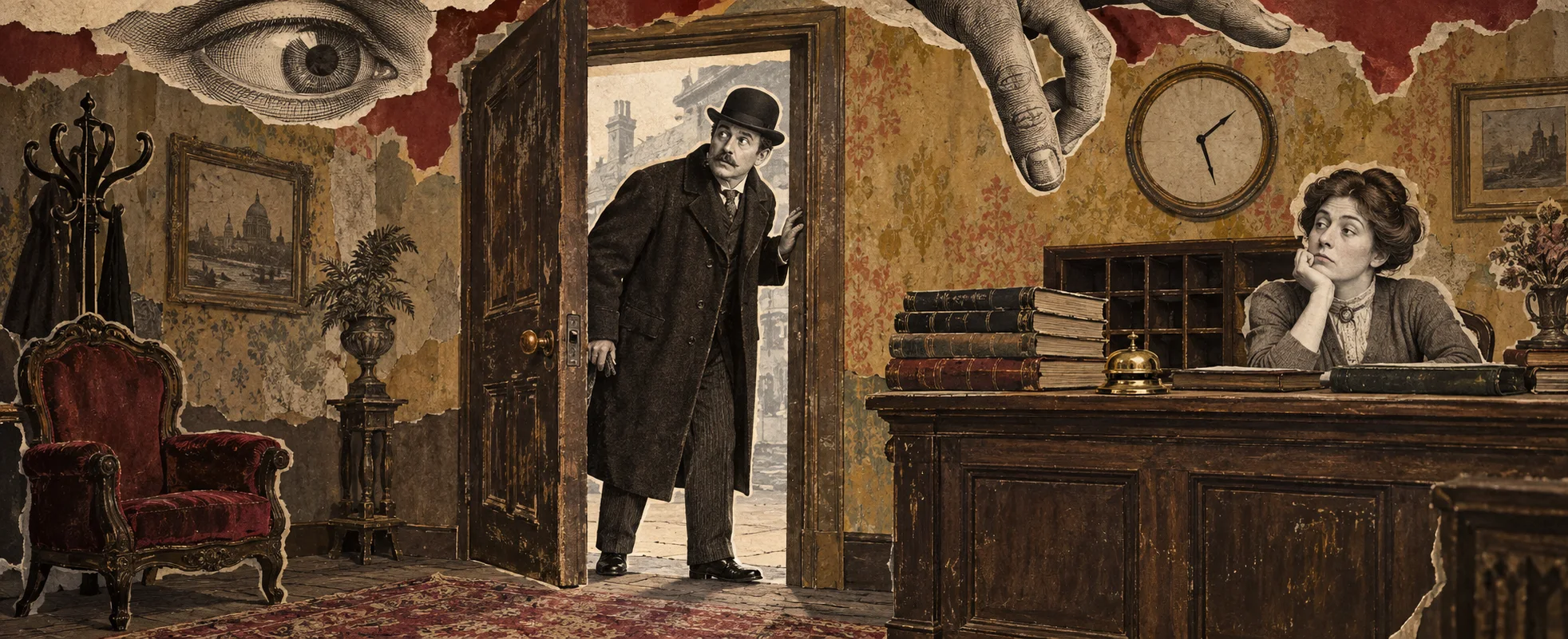 A collage-style room with peeling wallpaper, a man in a bowler hat peering through the door at a bored receptionist, a giant hand and eye looming overhead.