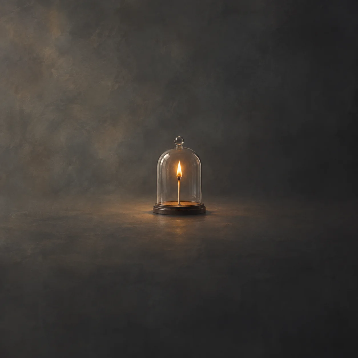 Painterly single burning match standing beneath a glass dome on a dark round base.