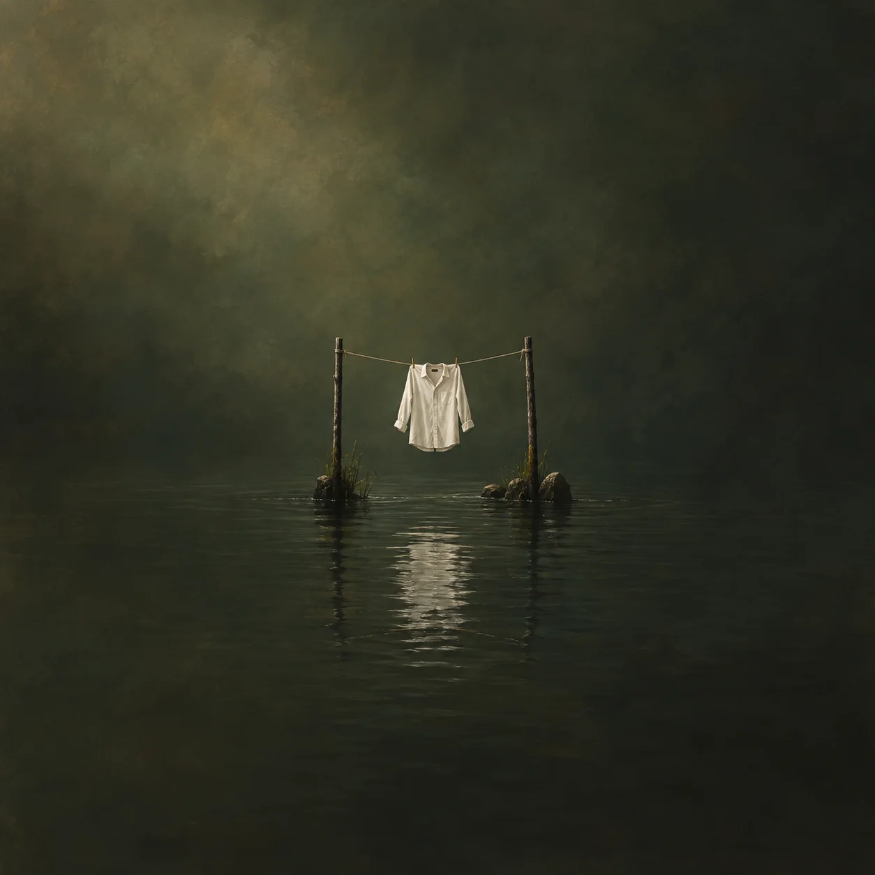 A small white shirt hangs from a line between two poles above dark green water.