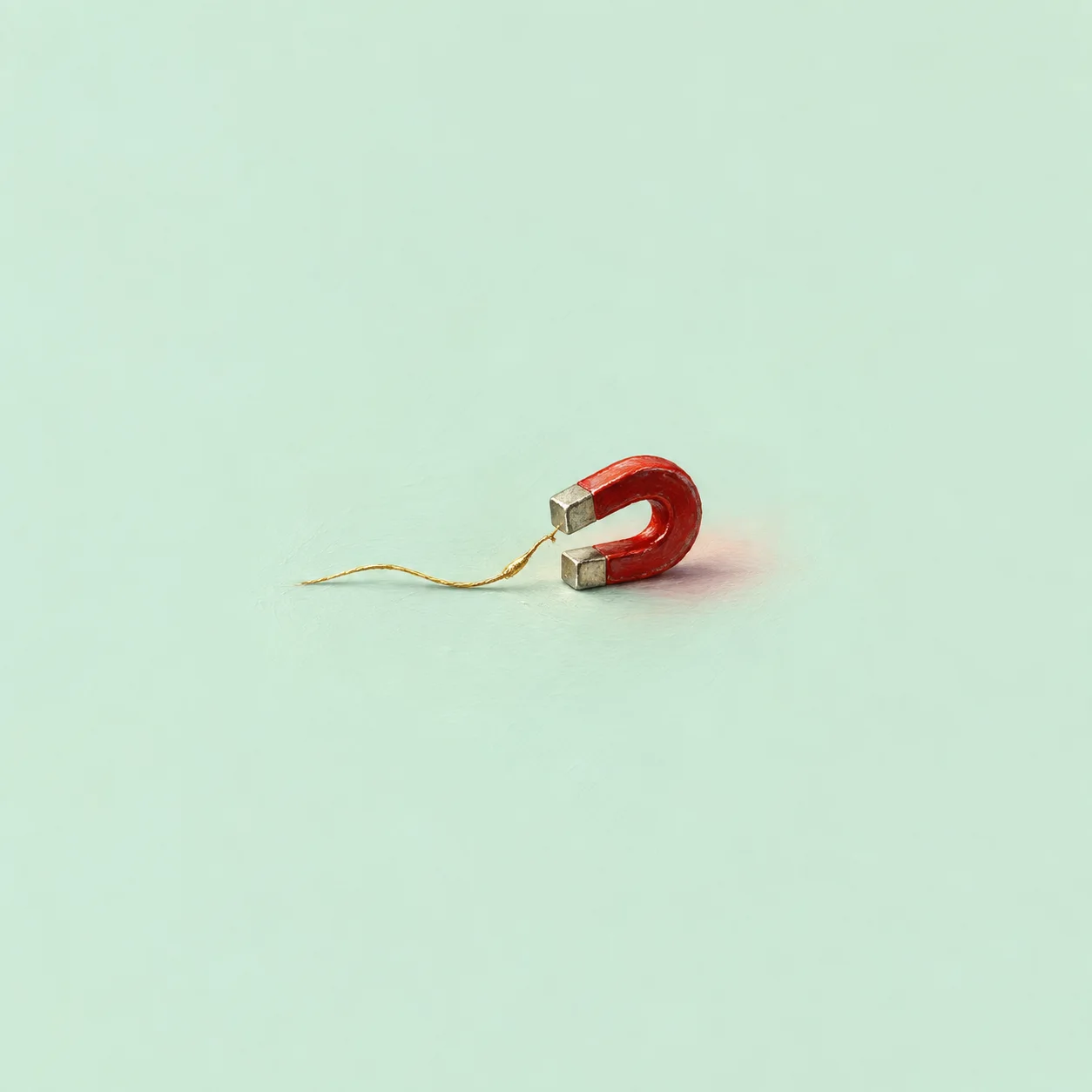 A red horseshoe magnet with a thin golden thread stretching toward it on a mint surface.