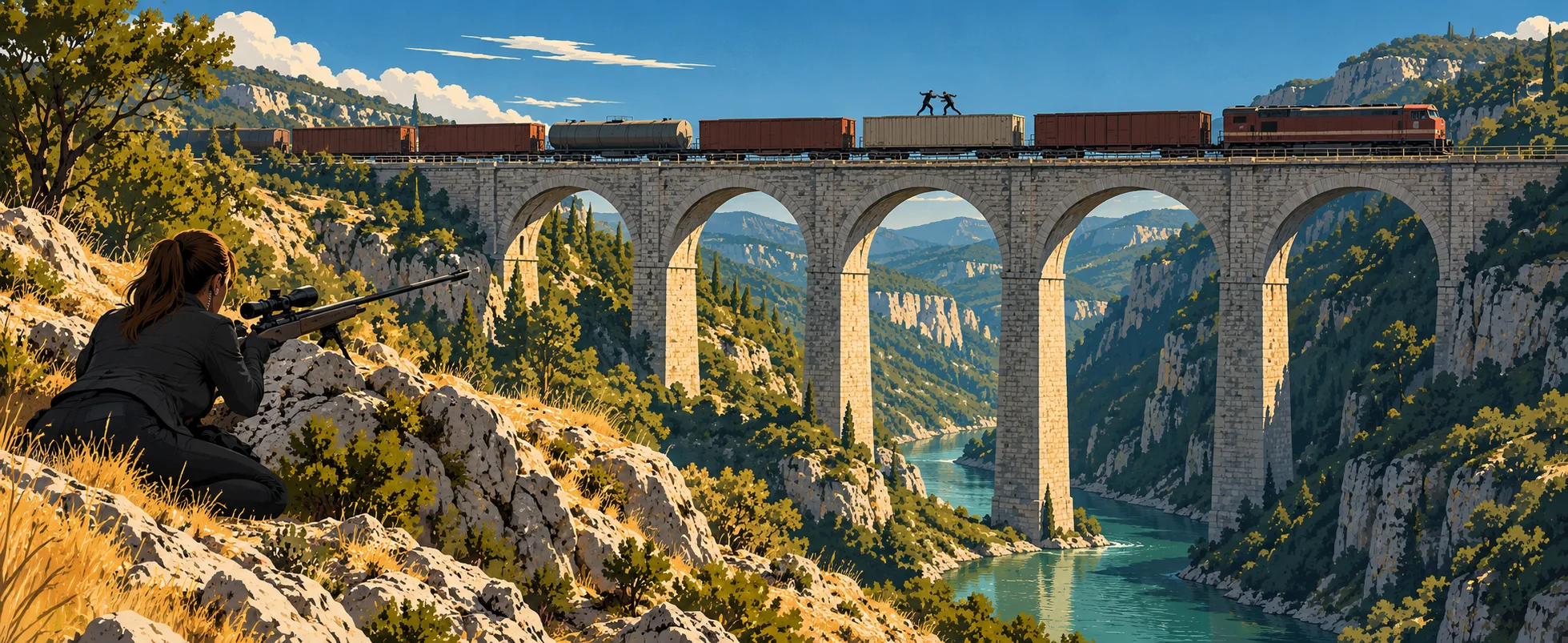 A freight train crosses a towering stone viaduct over a green river gorge, two tiny figures fighting on its roof, while an agent kneels with a long rifle on the rocky hillside.