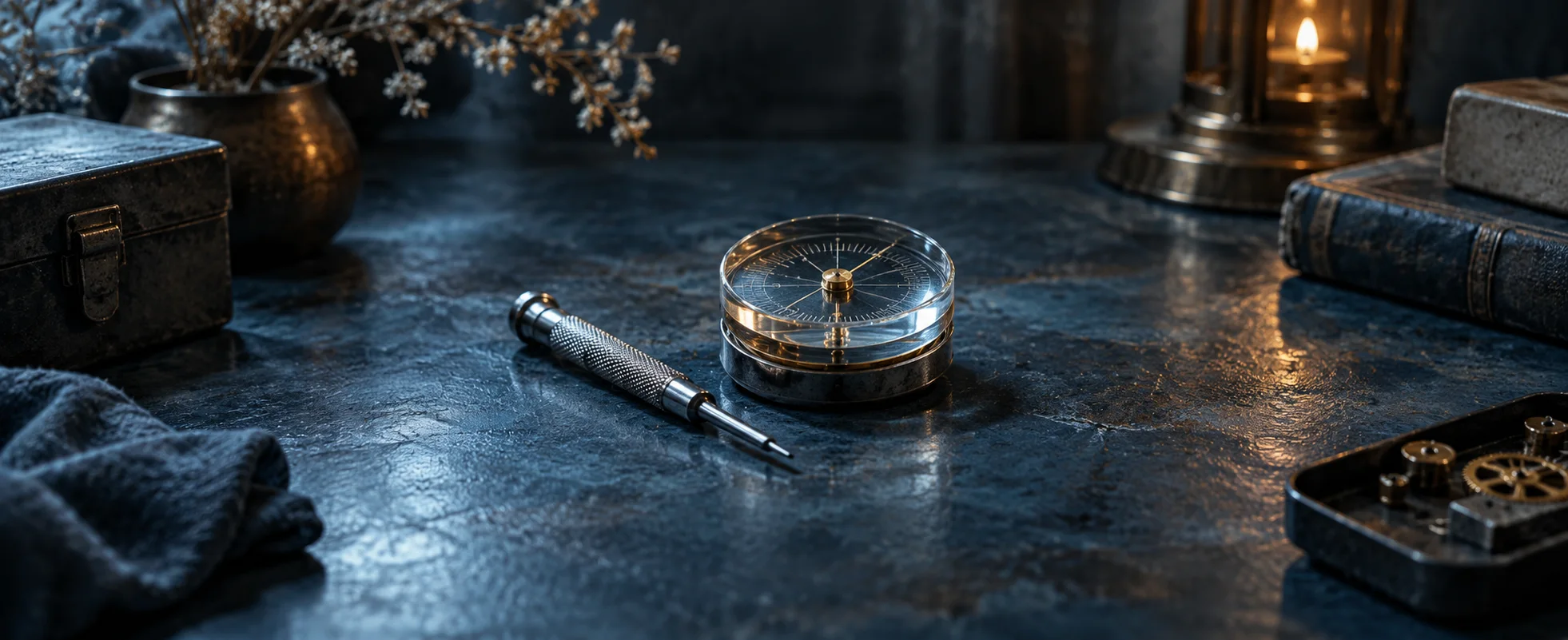 A small silver adjustment tool rests beside a glass dial on a cold blue workbench.