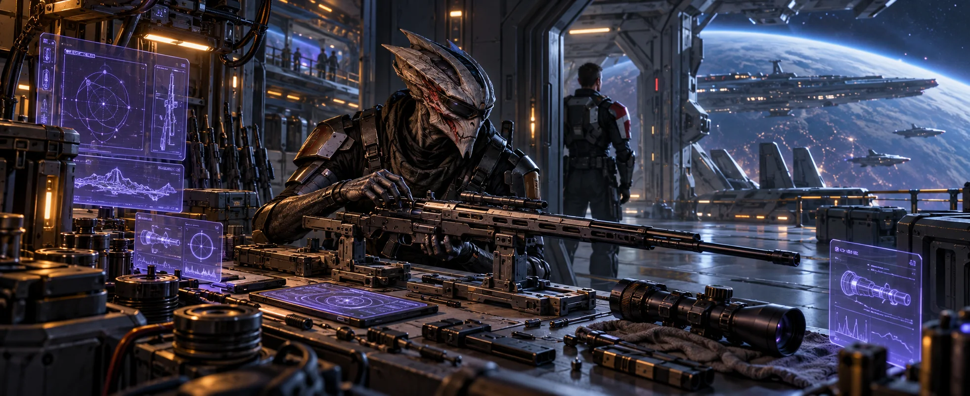 In a starship's weapons bay, an armoured alien sniper with a fringed crest sits at a workbench of glowing holo-panels tuning a long rifle while a human officer waits behind him, a fleet and a planet beyond the window.