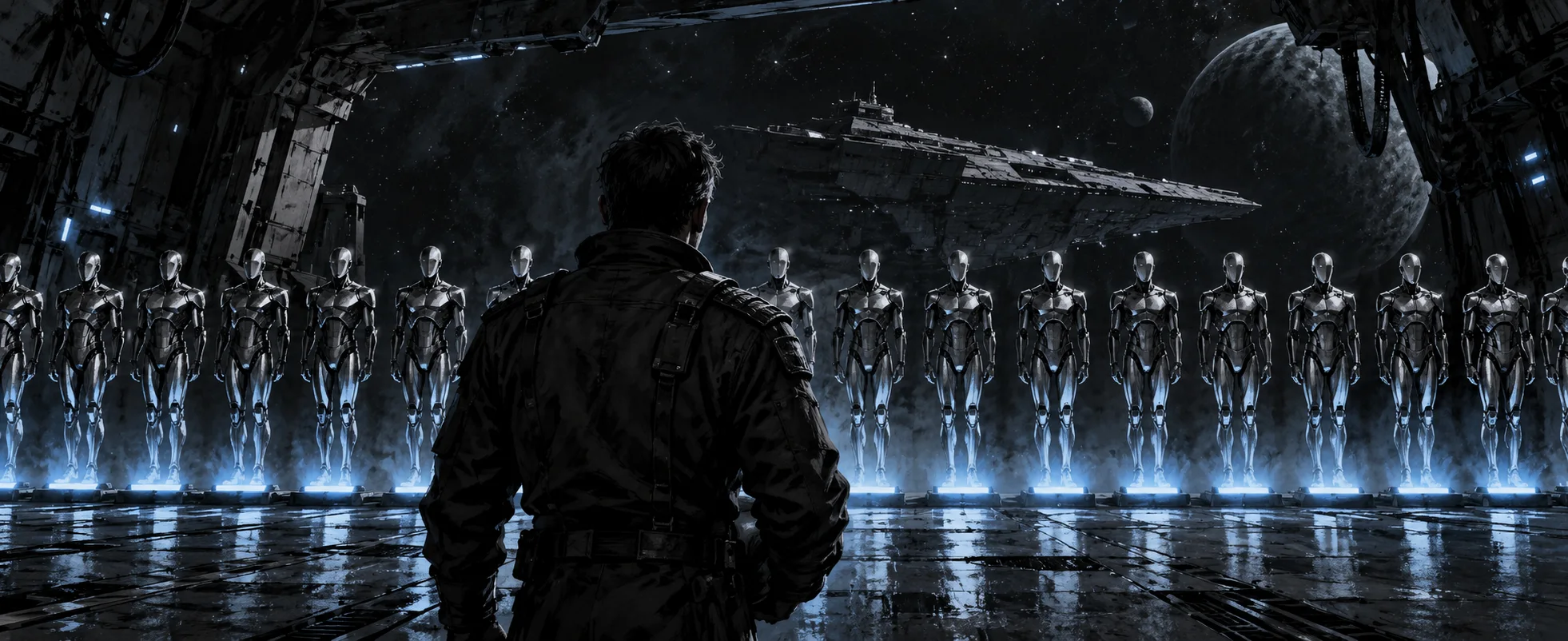 Illustration of endless identical chrome humanoid robots standing in rows in a dark battlestar hangar, a man in a flight jacket seen from behind facing them, a warship beyond the bay.